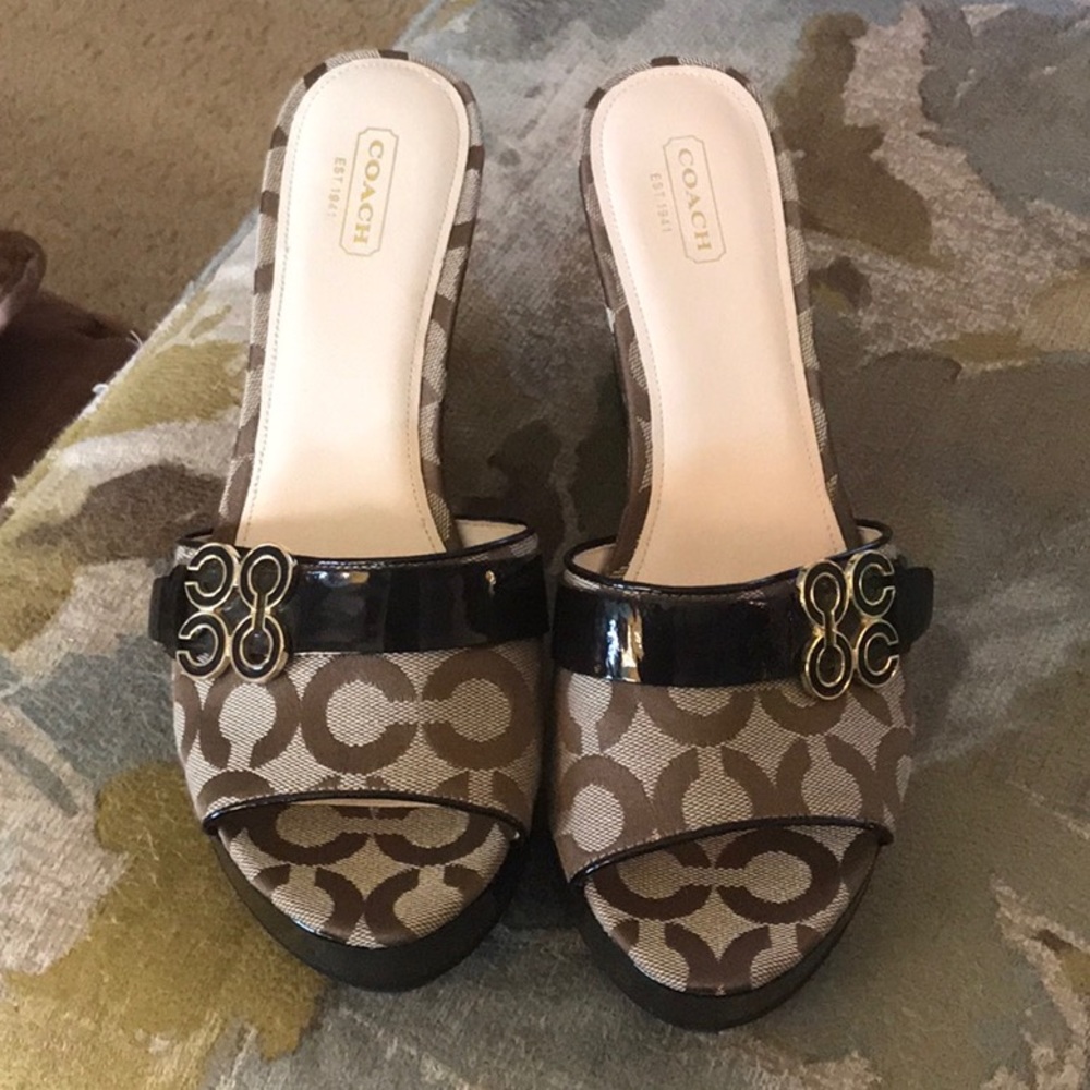 Coach Patent Leather Logo Wedge Sandals